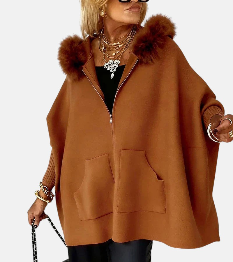 Faux Fur Hooded Zip Front Batwing Cape Jacket