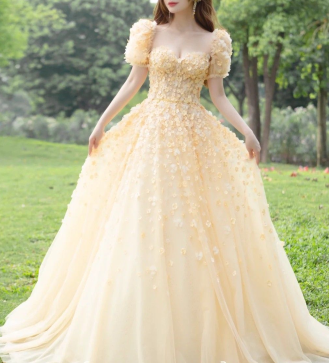 Charming Yellow A-line Puffy Sleeves Floral Prom Dress,Fairy Dress  cc1201