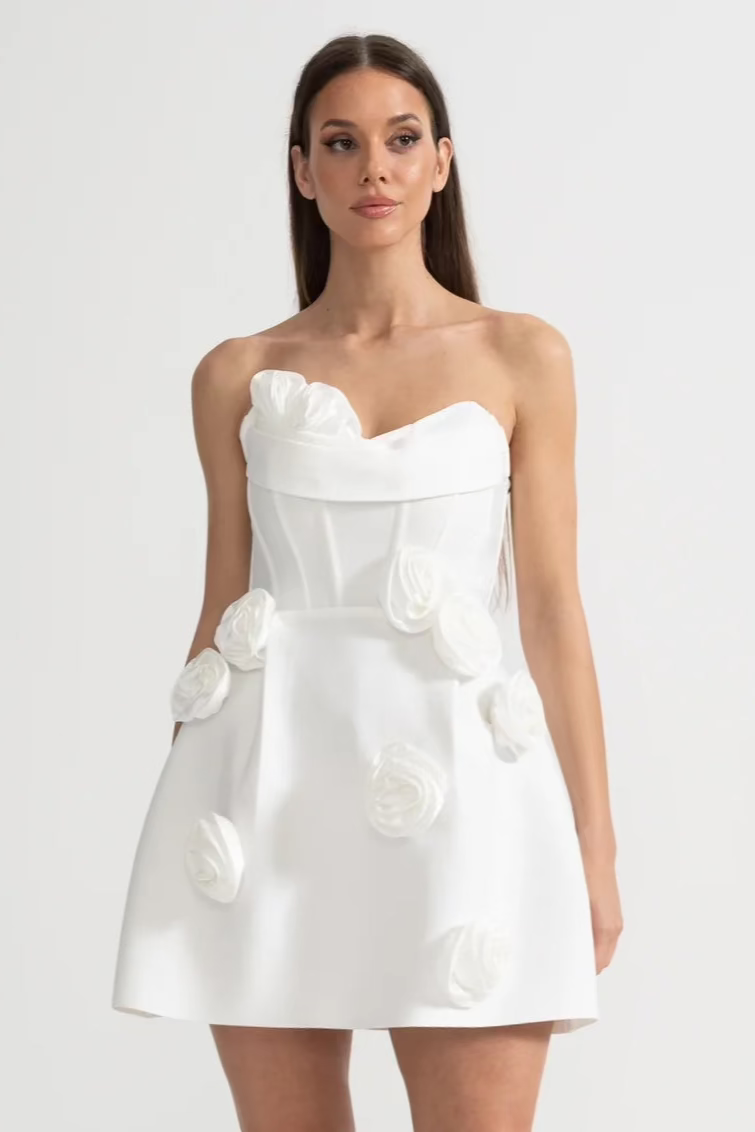 Strapless Rosette Applique Corset Structured A-Line Mini Dress