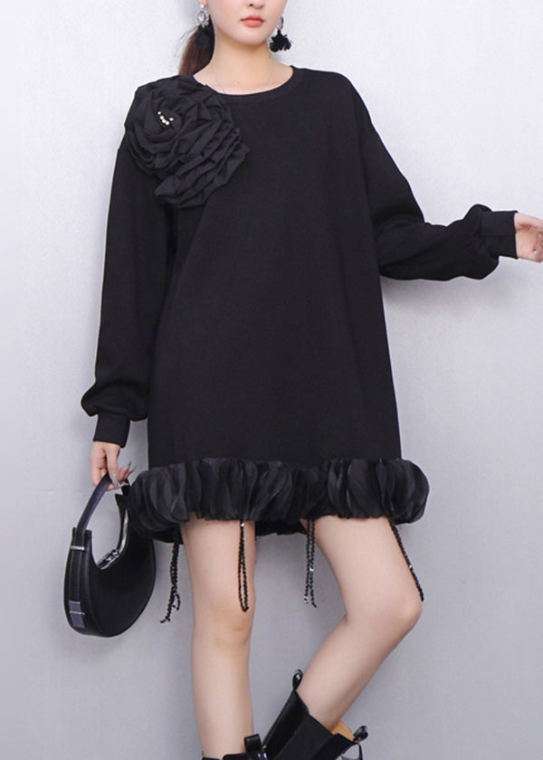 Rosette Crystal Beaded Fringe Ruffle Hem Sweatshirt Mini Dress