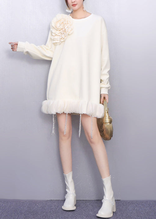 Rosette Crystal Beaded Fringe Ruffle Hem Sweatshirt Mini Dress