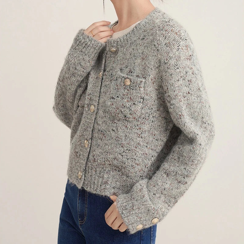 Crew Neck Flap Pocket Metallic Button Speckled Knit Cardigan 4