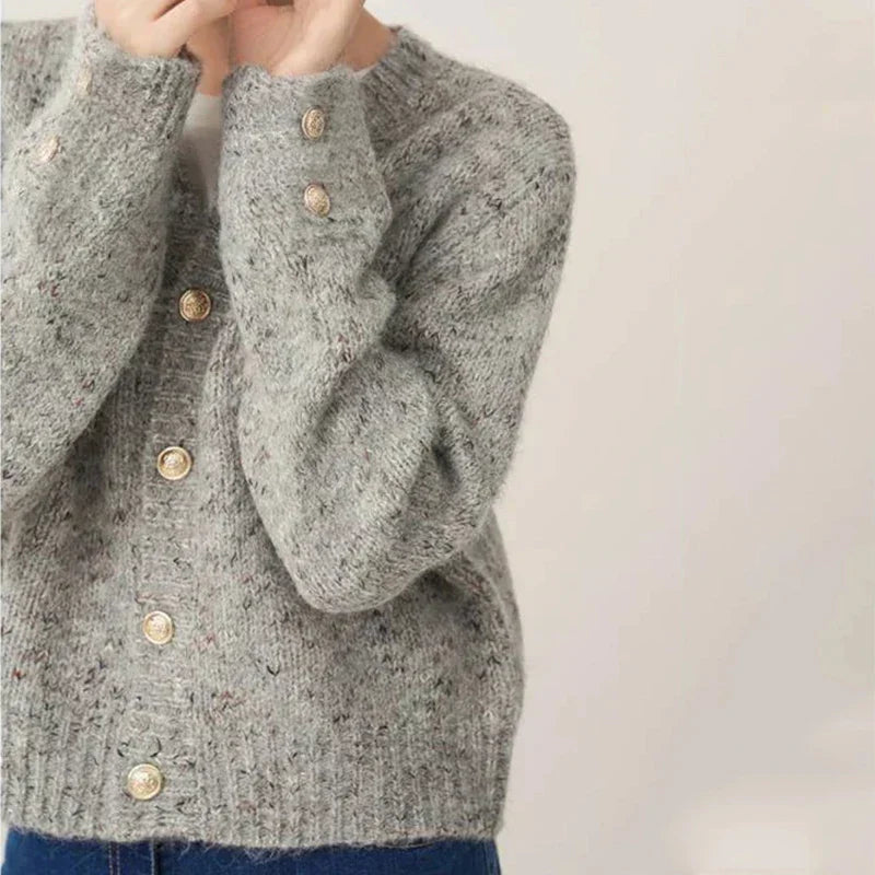 Crew Neck Flap Pocket Metallic Button Speckled Knit Cardigan 2