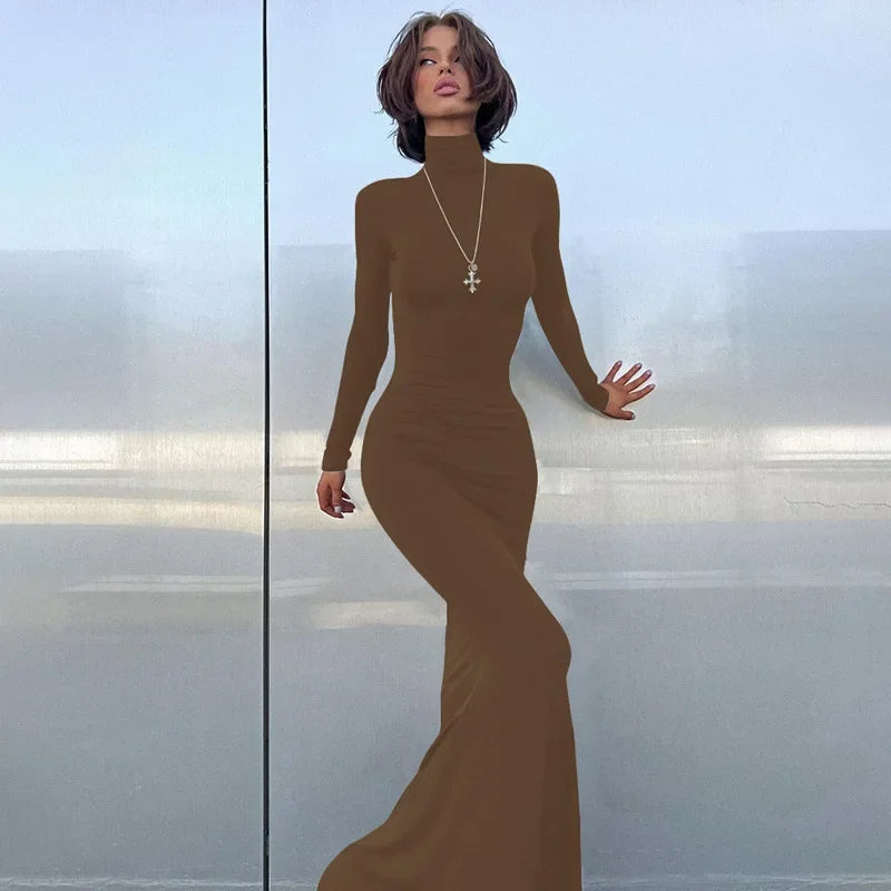 Turtleneck Long Sleeve Bodycon Mermaid Hem Maxi Dress 9