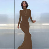 Turtleneck Sleeve Maxi Dress Brown / S