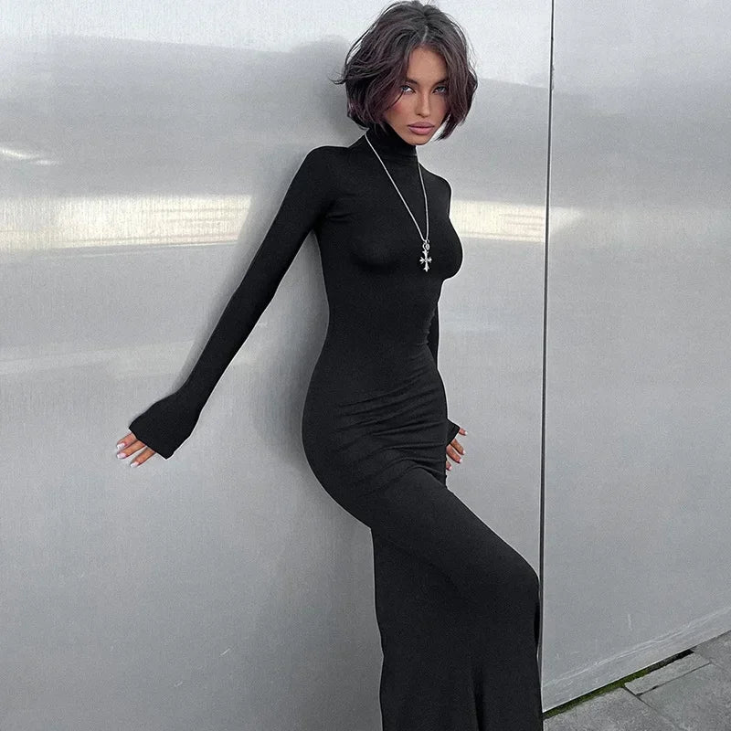 Turtleneck Long Sleeve Bodycon Mermaid Hem Maxi Dress 3