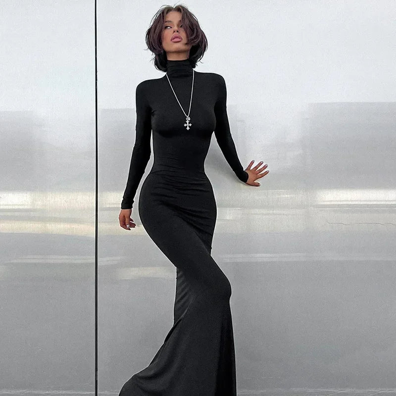 Turtleneck Long Sleeve Bodycon Mermaid Hem Maxi Dress 7