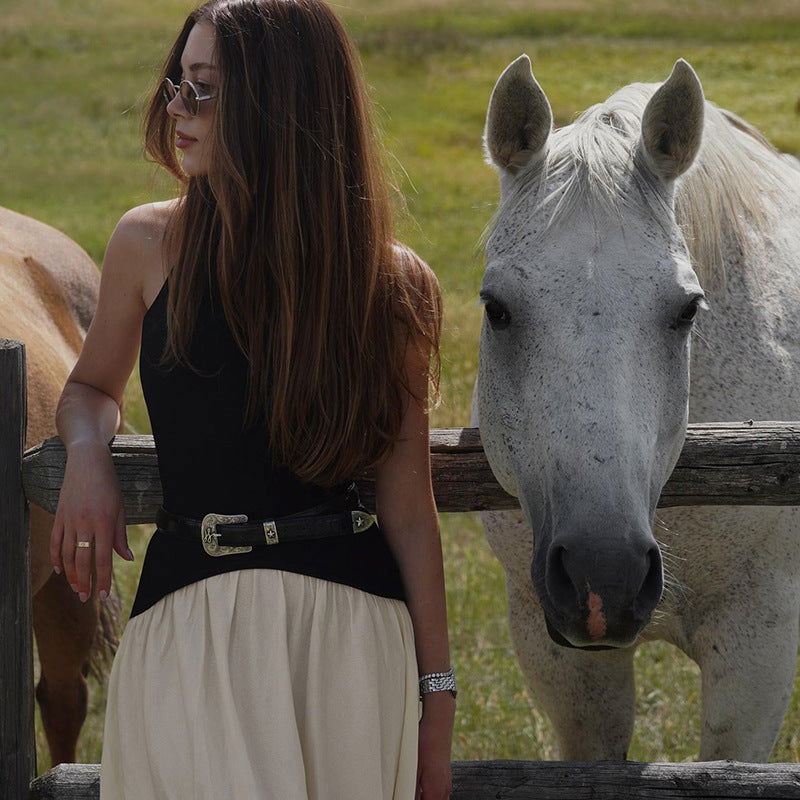 Fall Loose Backless Stitching Pleated Slim Mop Dress
