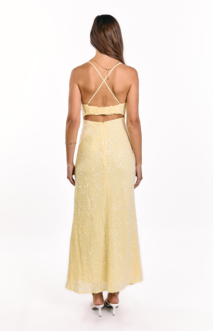 Fallon Yellow Sequin Cut Out Formal Maxi dress