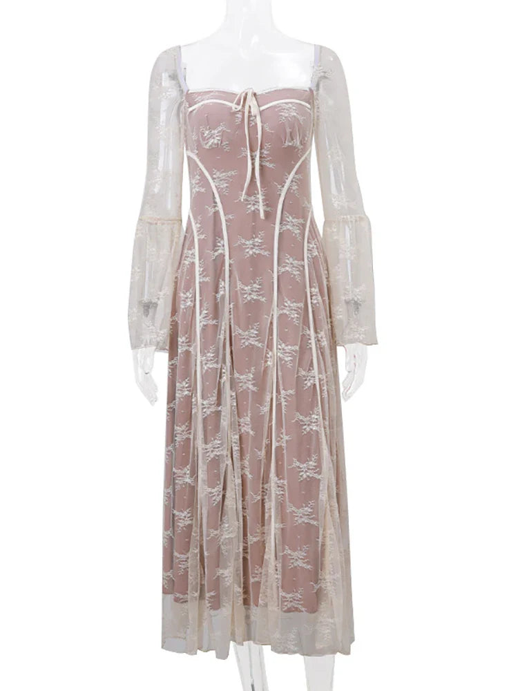 Spring High Waist Long Sleeve Elegant Party Clubwear Lace Dress