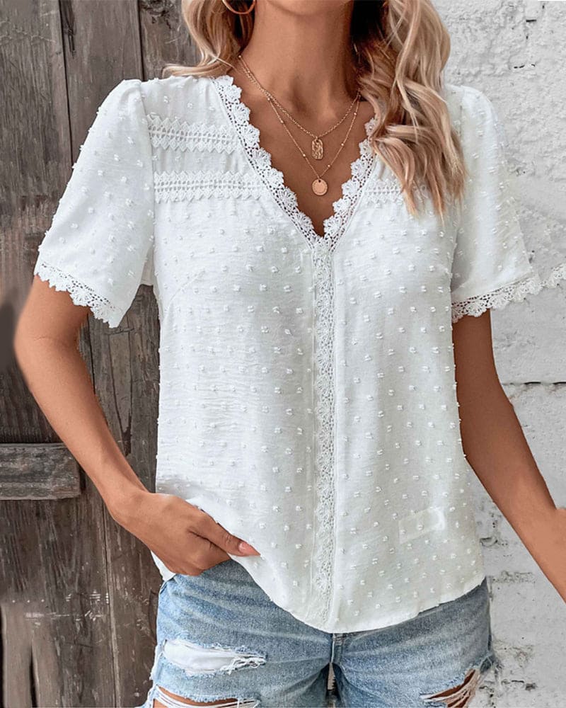 Swiss Dot Lace Trim V-Neck Short Sleeve Blouse