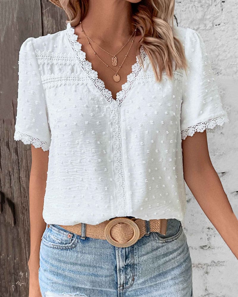 Swiss Dot Lace Trim V-Neck Short Sleeve Blouse