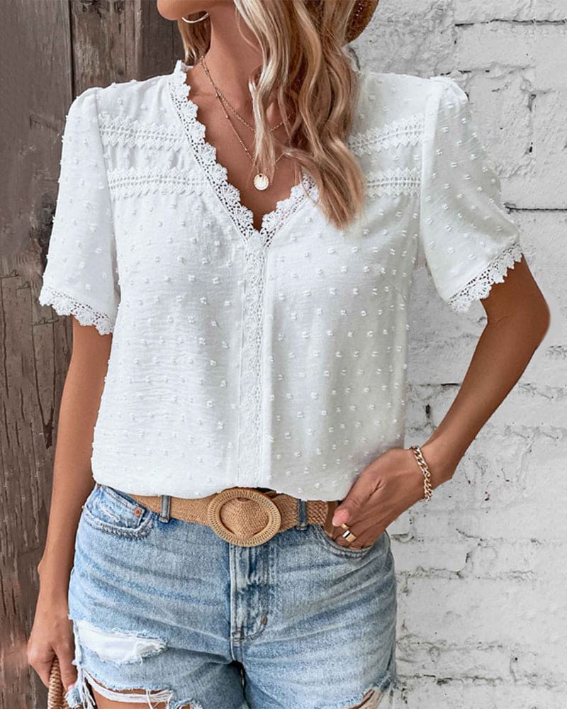 Swiss Dot Lace Trim V-Neck Short Sleeve Blouse