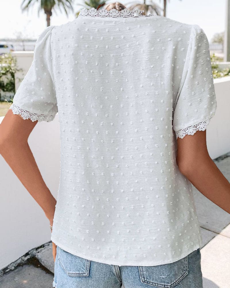 Swiss Dot Lace Trim V-Neck Short Sleeve Blouse