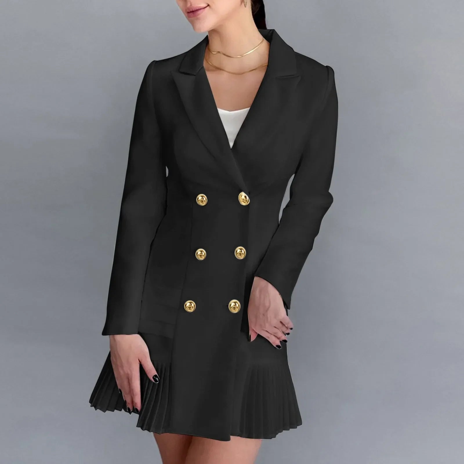Office Elegant Runway Designer Fashion Double Breasted Notched Collar A Line Long Sleeve 2024 Dress