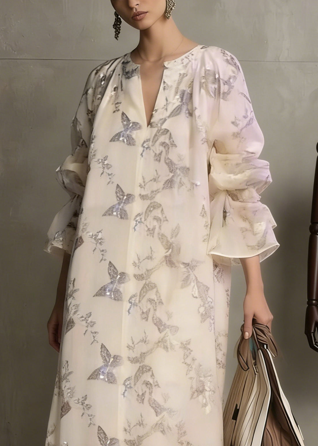 Butterfly Print Sequin Deep V-Neck Tiered Cuff Oversized Maxi Dress