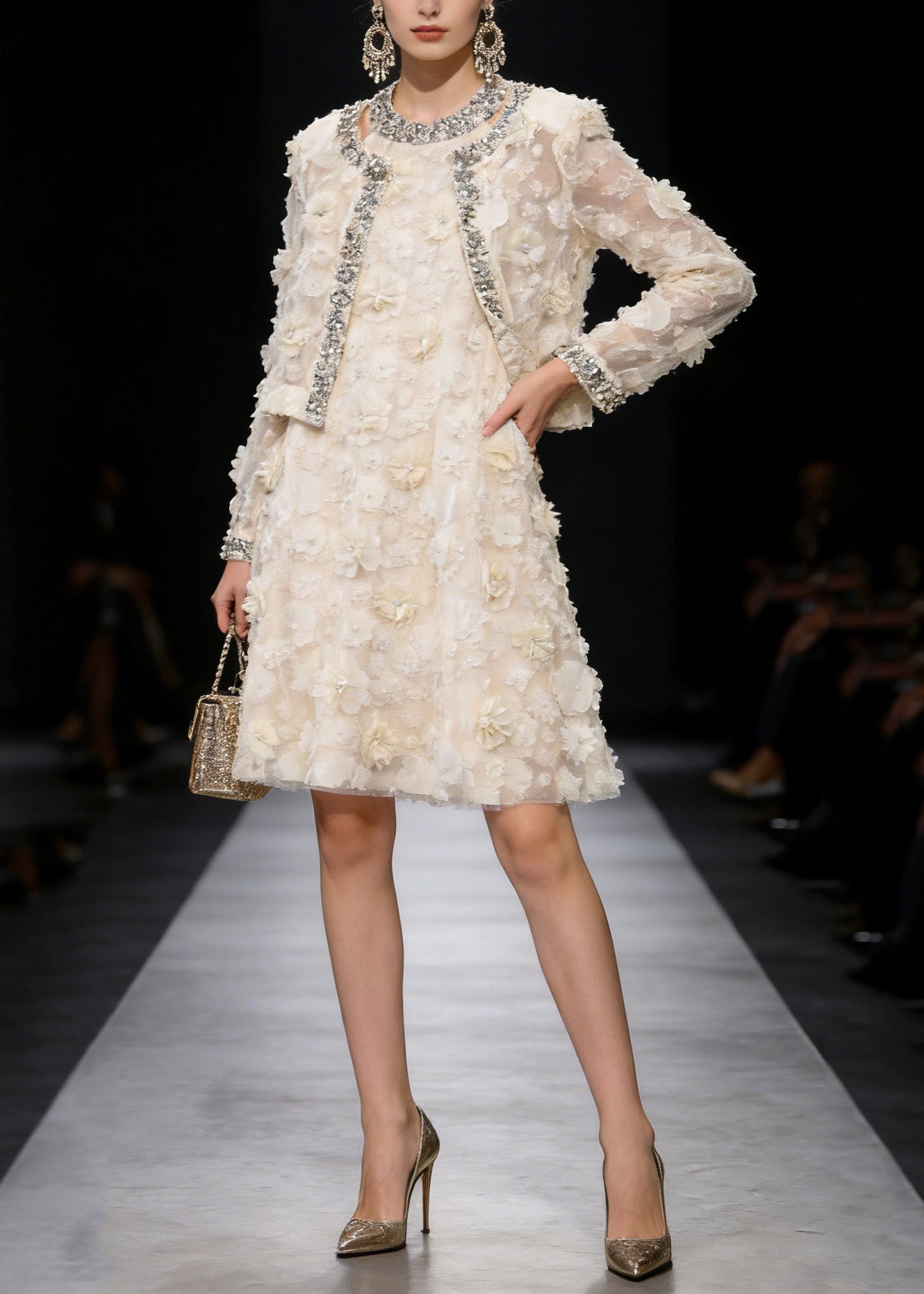 Crystal Trim Organza Cropped Jacket Applique Mini Dress Two Piece Set