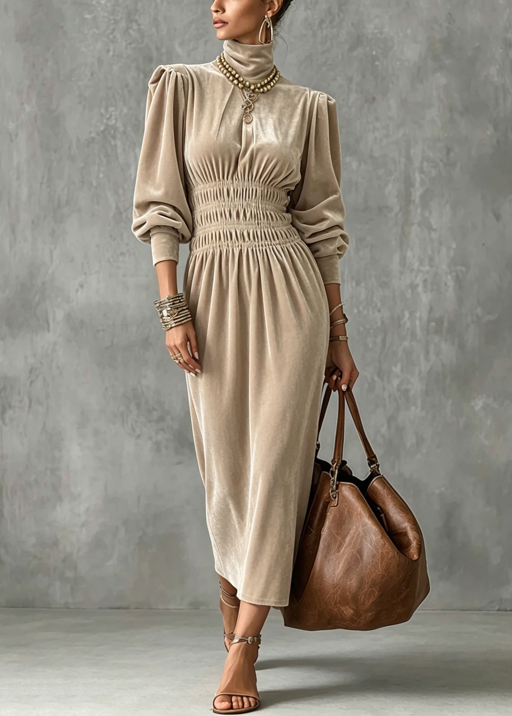 Velvet Mock Neck Lantern Sleeve Smocked Waist Midi Dress