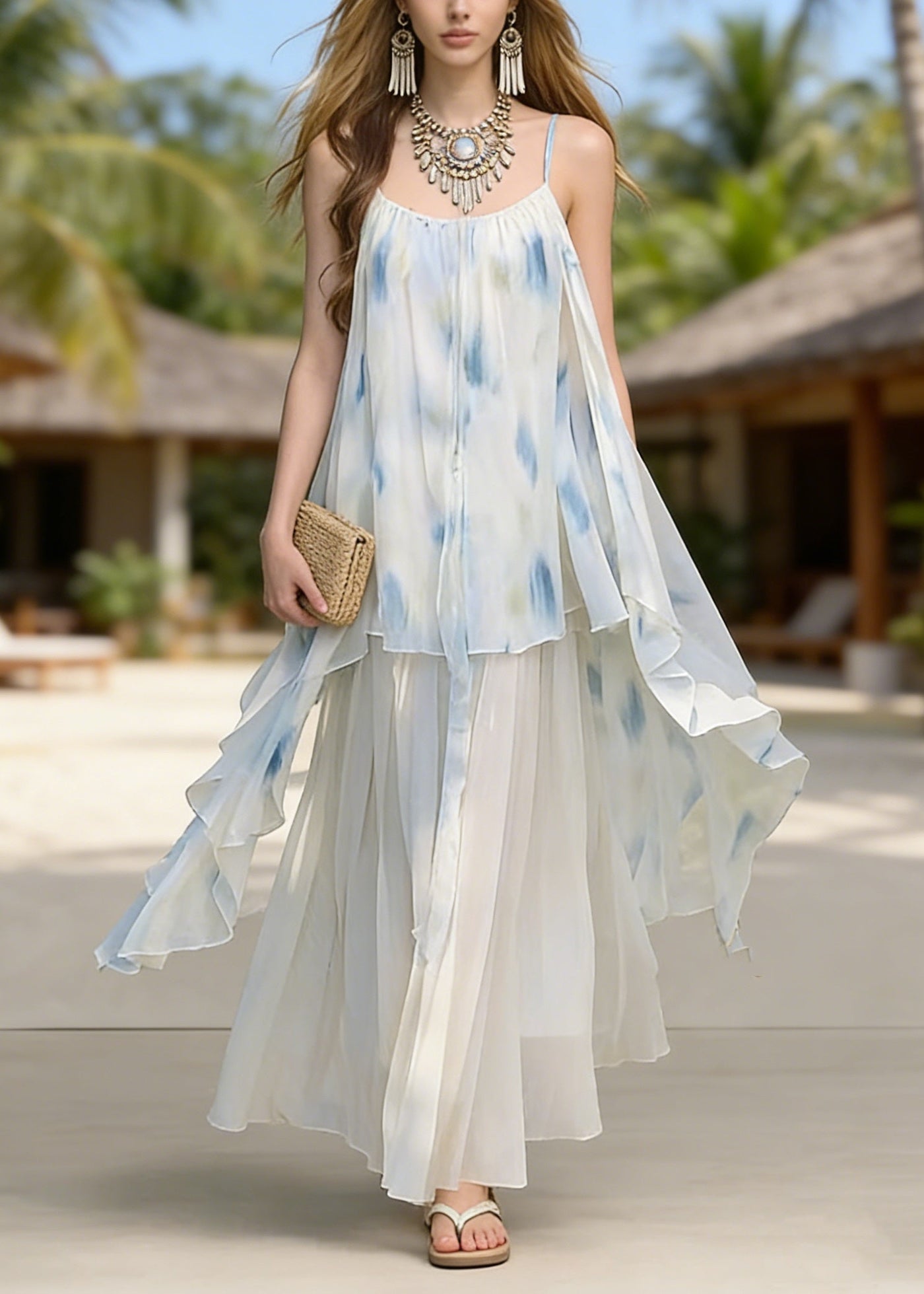 Fashion Asymmetrical Tie Dye Chiffon Spaghetti Strap Dress Summer 5