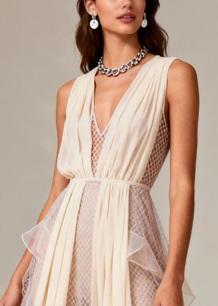 Mesh Pleated V-Neck Sleeveless High Low Tiered Ruffle Maxi Gown