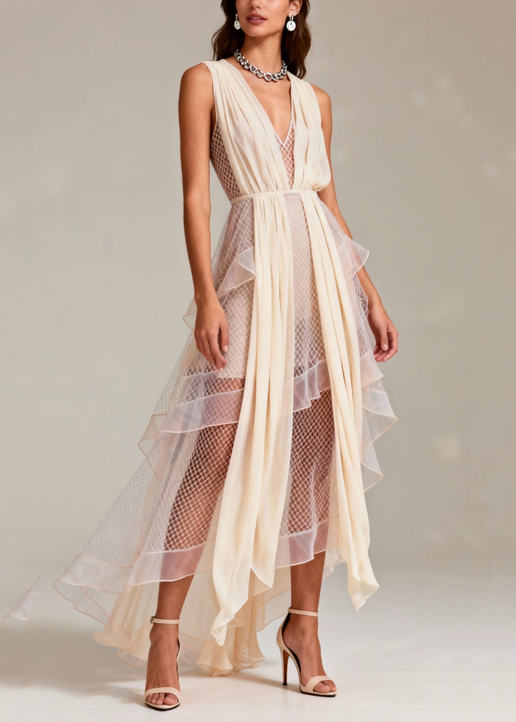 Mesh Pleated V-Neck Sleeveless High Low Tiered Ruffle Maxi Gown