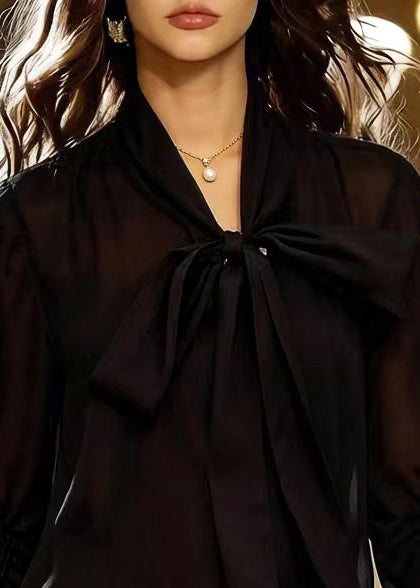 Chiffon Bow Neck Sheer Long Sleeve Ruched Tiered Ruffle Mini Dress