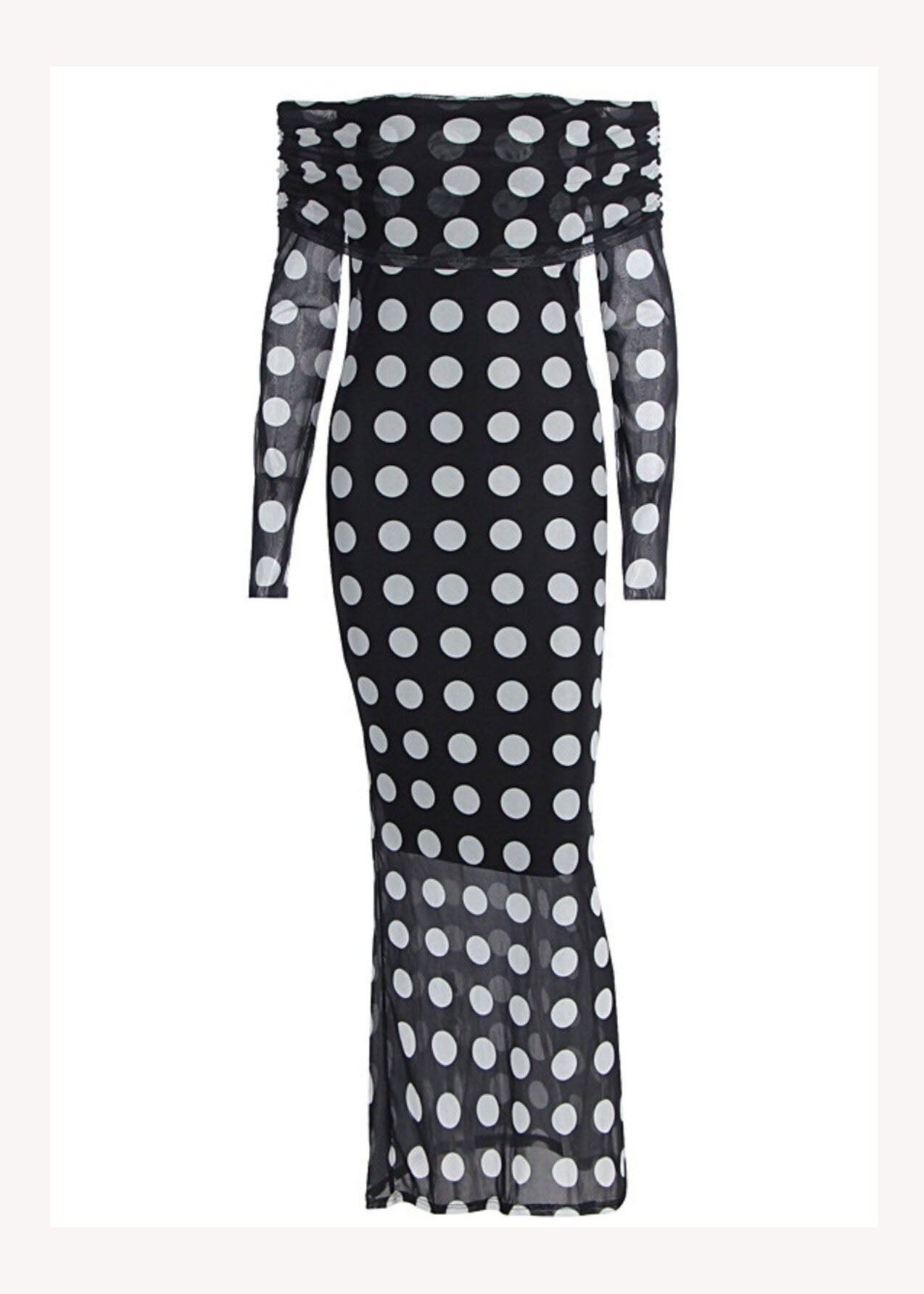 Tulle Off Shoulder Long Sleeve Ruched Bust Polka Dot Bodycon Maxi Dress