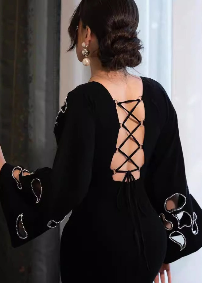 Mermaid Round Neck Bell Sleeve Rhinestone Cut Out Tiered Ruffle Gown