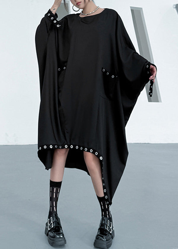 Fashion Black O Neck Asymmetrical Patchwork Cotton Dress Long Sleeve