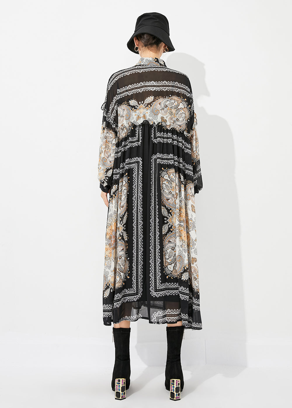 Chiffon Paisley Print Collar Button Front Lantern Sleeve Side Slit Maxi Shirt Dress