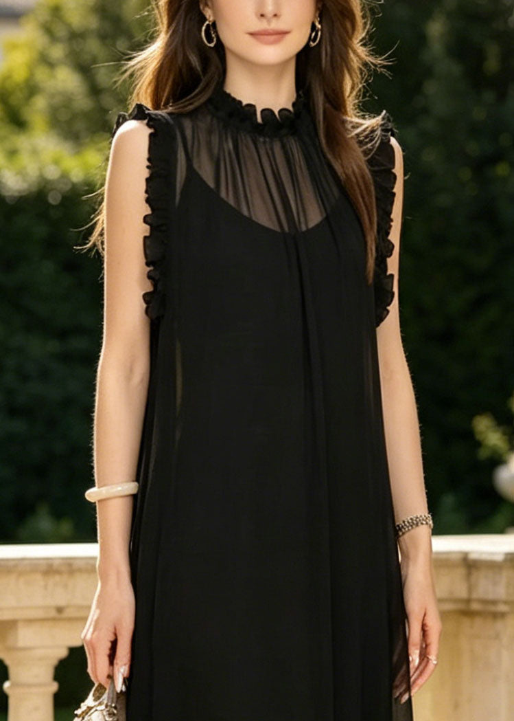 Fashion Black Ruffled Draping Chiffon Party Dress Sleeveless - View 2