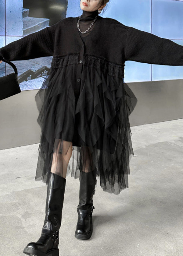 Knit Button Front Deep V-Neck Long Sleeve Tiered Tulle Ruffle Midi Dress