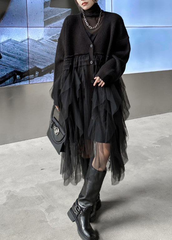 Knit Button Front Deep V-Neck Long Sleeve Tiered Tulle Ruffle Midi Dress