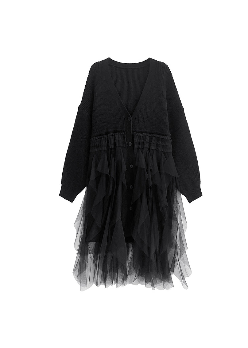 Knit Button Front Deep V-Neck Long Sleeve Tiered Tulle Ruffle Midi Dress