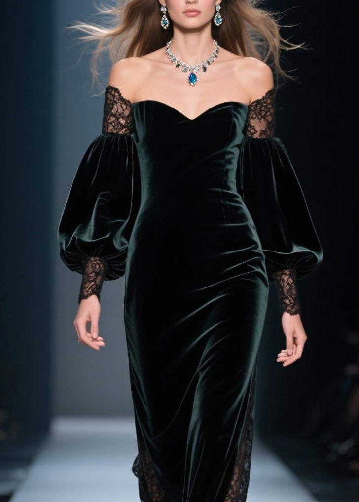 Velvet Off Shoulder Lace Inset Balloon Sleeve Maxi Gown