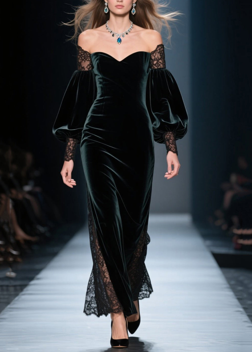 Velvet Off Shoulder Lace Inset Balloon Sleeve Maxi Gown