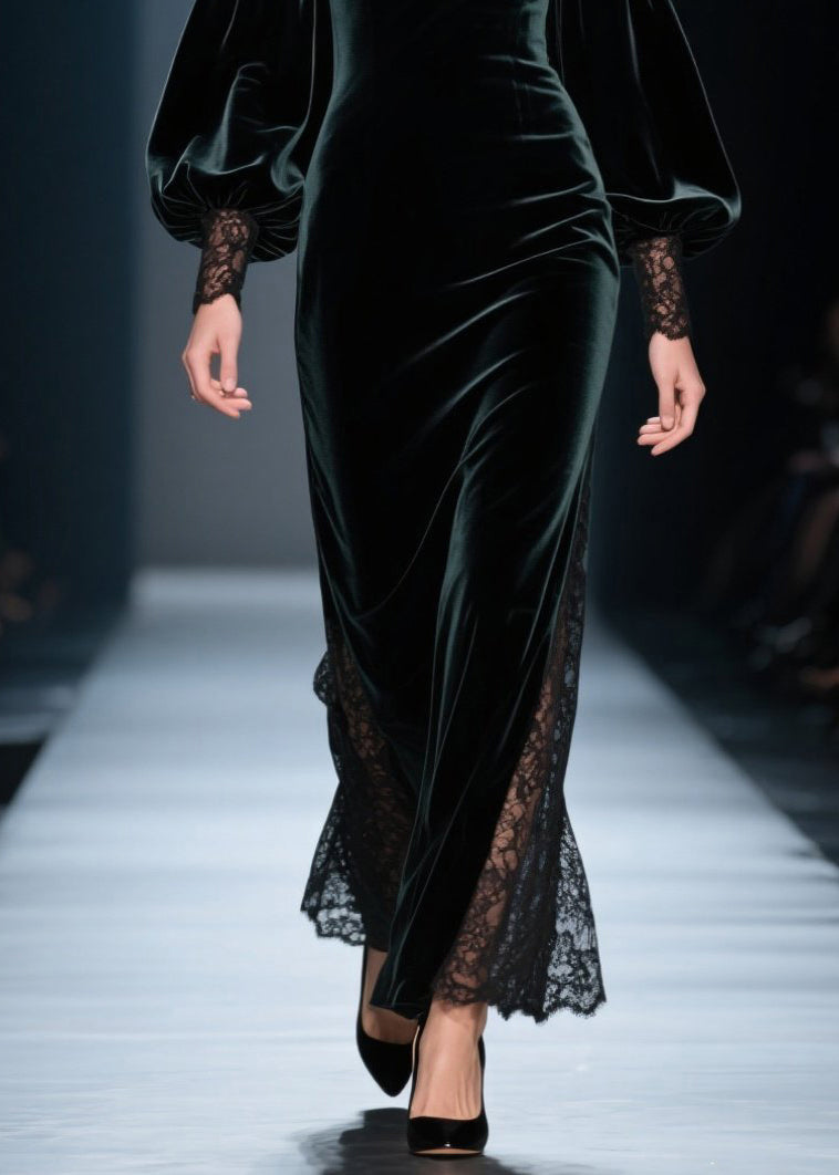 Velvet Off Shoulder Lace Inset Balloon Sleeve Maxi Gown