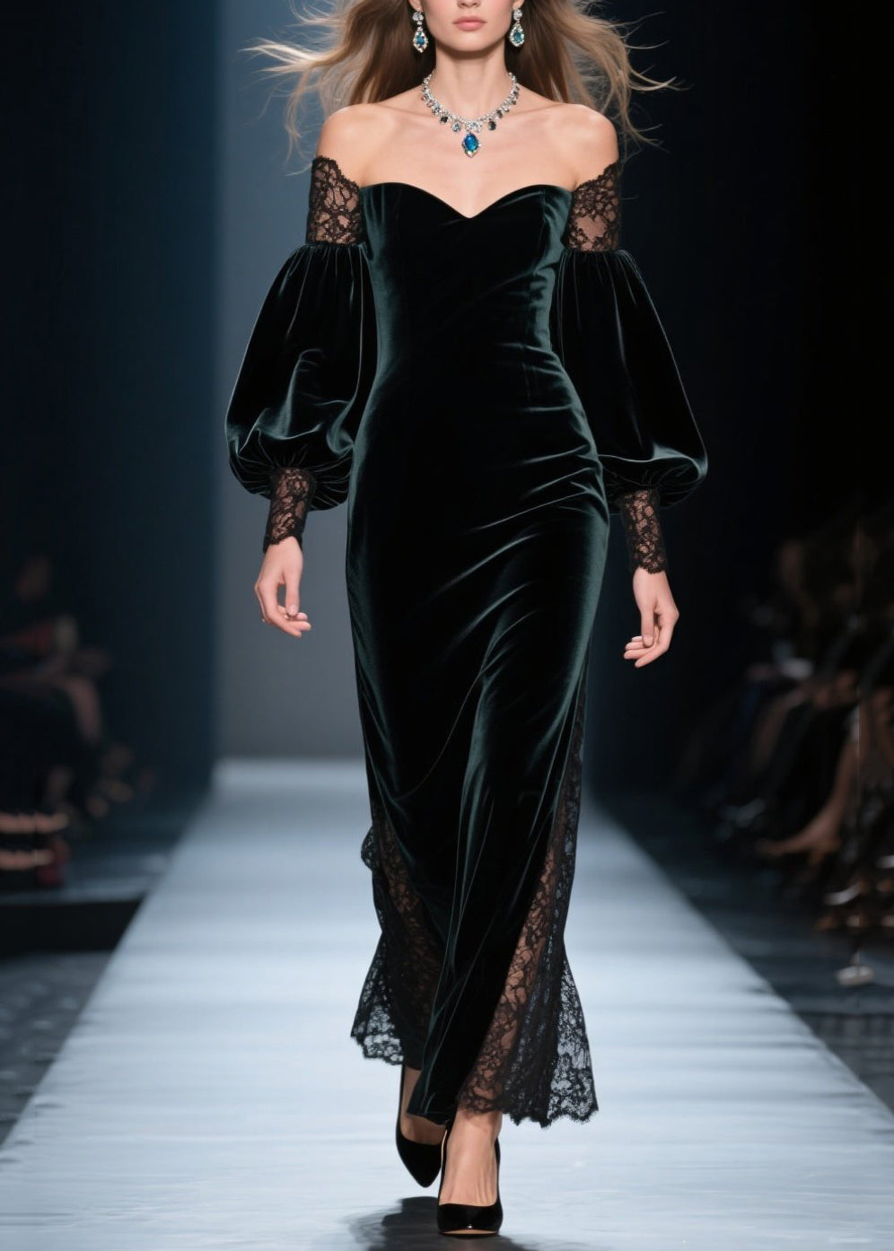 Velvet Off Shoulder Lace Inset Balloon Sleeve Maxi Gown