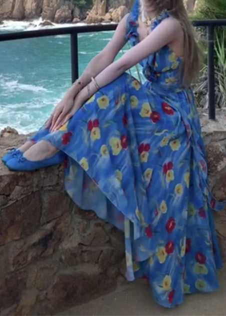 Fashion Blue Backless Print Chiffon Ankle Dress Summer 2