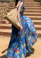 Fashion Blue Backless Print Chiffon Ankle Dress Summer 3