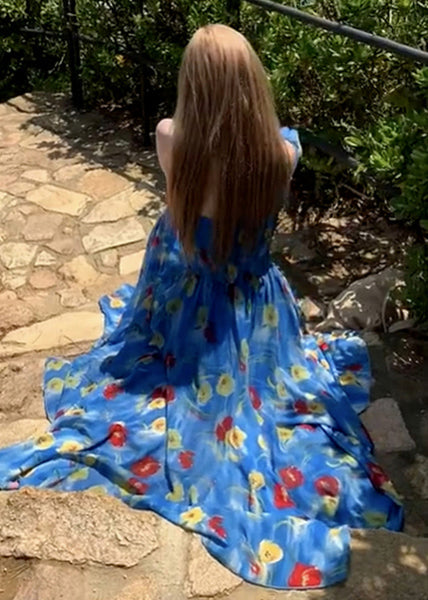 Fashion Blue Backless Print Chiffon Ankle Dress Summer 5