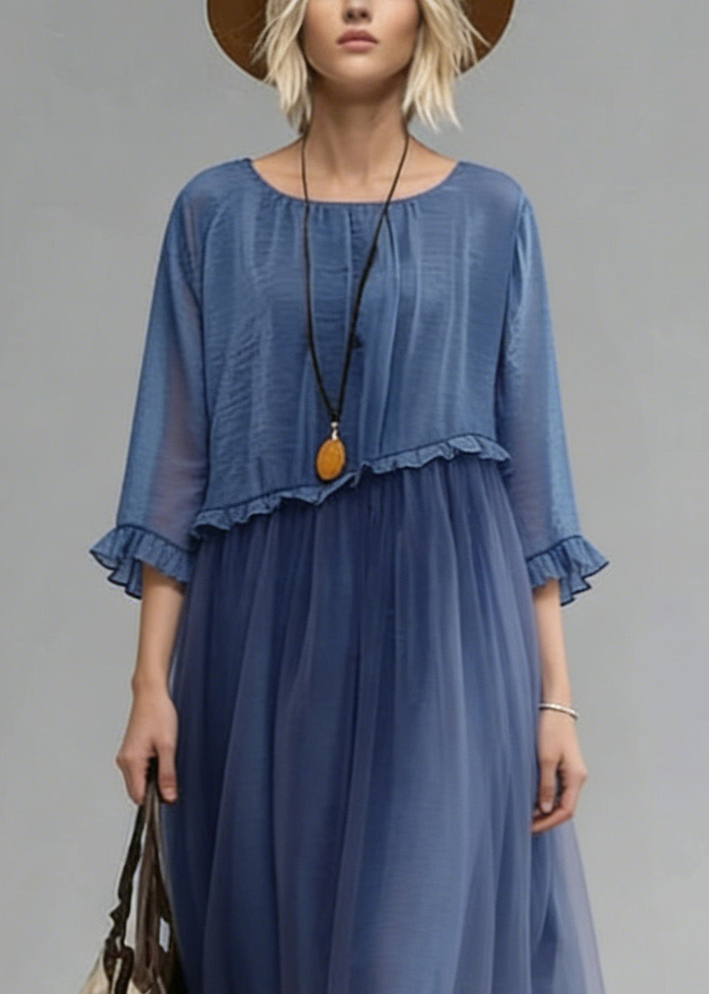 Fashion Blue O-Neck Ruffled Tulle Patchwork Chiffon Dress Summer 2