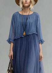 Fashion Blue O-Neck Ruffled Tulle Patchwork Chiffon Dress Summer 2