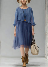 Fashion Blue O-Neck Ruffled Tulle Patchwork Chiffon Dress Summer 3
