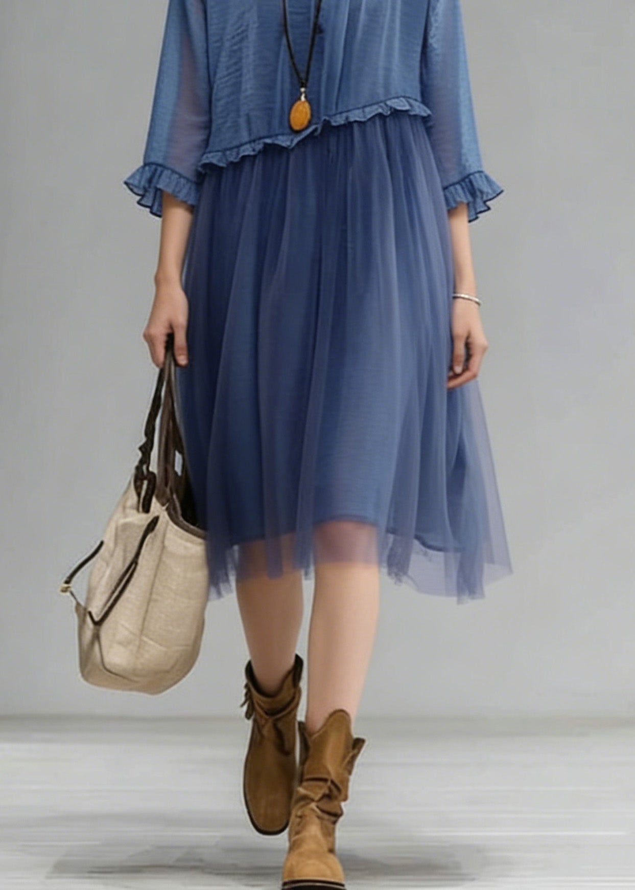 Fashion Blue O-Neck Ruffled Tulle Patchwork Chiffon Dress Summer 4