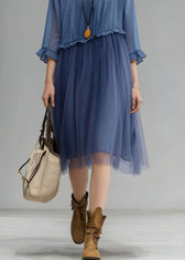 Fashion Blue O-Neck Ruffled Tulle Patchwork Chiffon Dress Summer 4