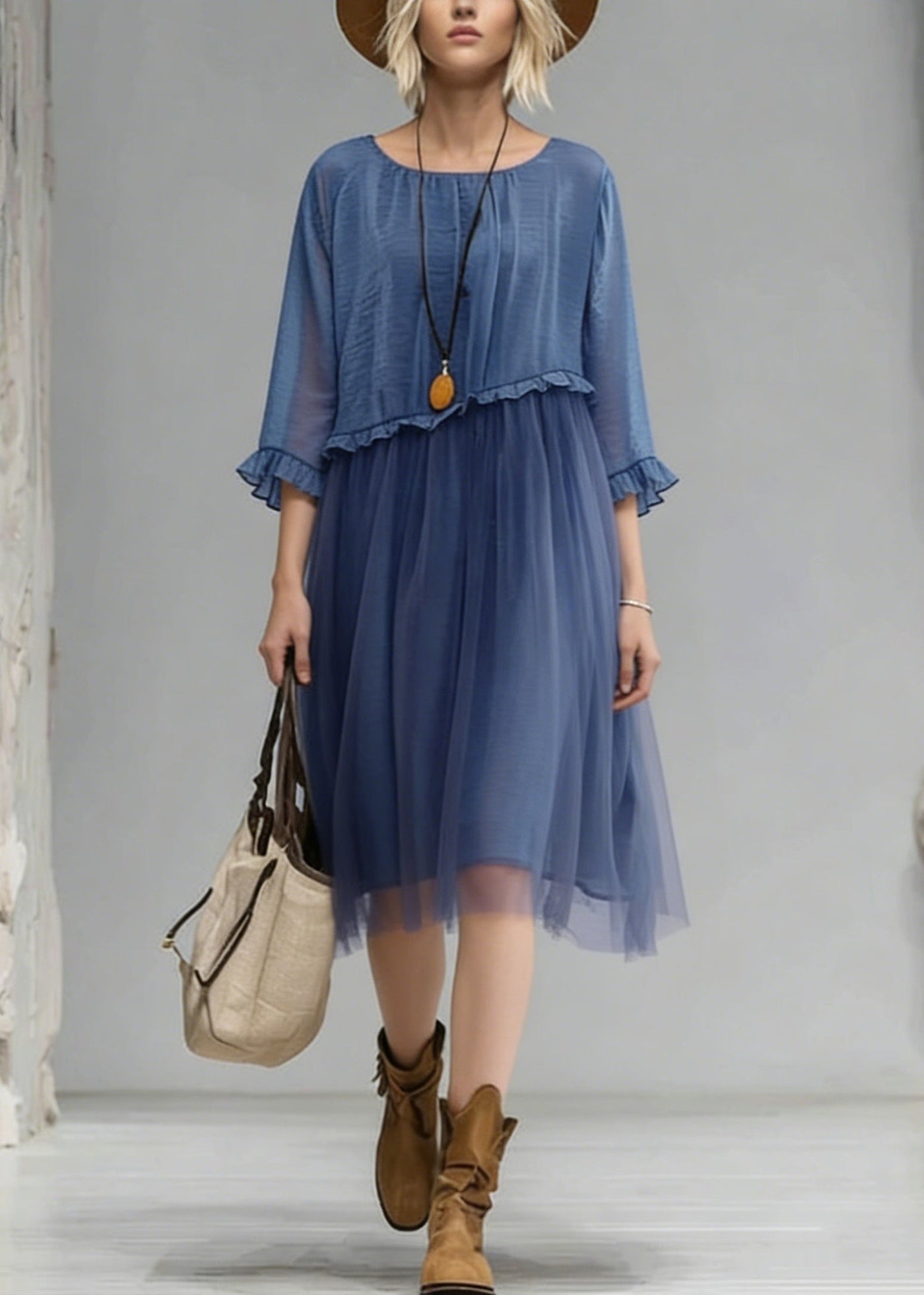 Fashion Blue O-Neck Ruffled Tulle Patchwork Chiffon Dress Summer 5