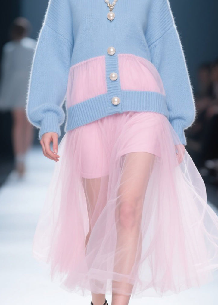 Knit Pearl Button Mock Cardigan Tulle Overlay Midi Dress