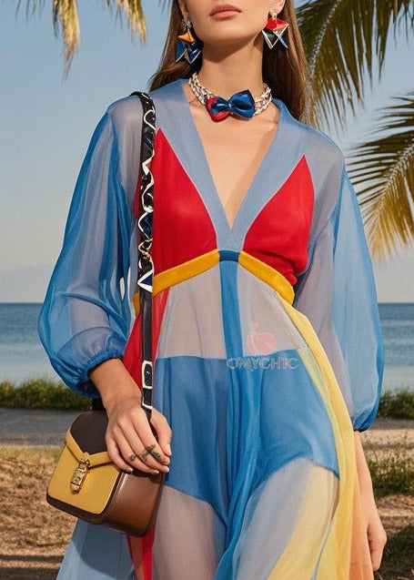 Fashion Blue V Neck Patchwork Tulle Maxi Dresses Summer 2