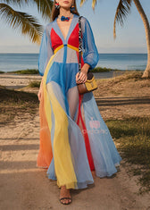 Fashion Blue V Neck Patchwork Tulle Maxi Dresses Summer 3